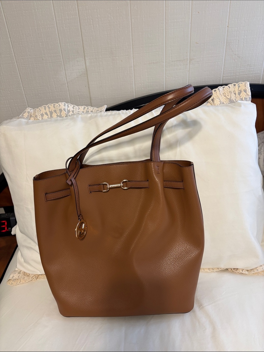 Michael Kors Classic Brown Leather Tote Bag with Gold Accent